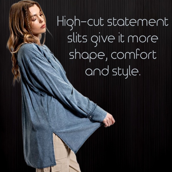 EASEL "Summer Breeze" Mineral Washed Frayed Seams Button Up Tunic Top Side Slits - Picture 5 of 15